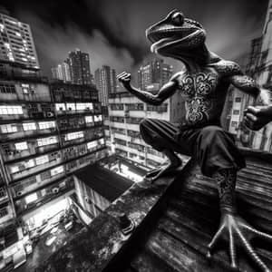 Monochrome Martial Arts Amphibian on Metropolis Rooftop at Night