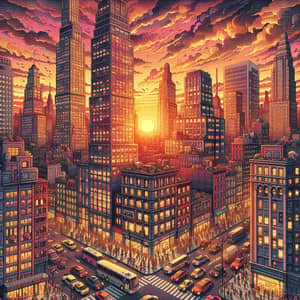 Vibrant Cityscape at Sunset: Towering Skyscrapers, Diverse Buildings