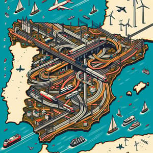 Detailed Map of Spain with Roads, Trains, Buses, Airplanes, and Boats