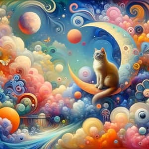 Whimsical Surrealistic Cat on Moon Painting
