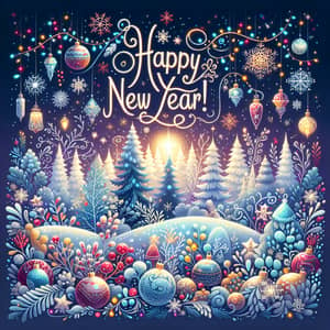 Festive New Year GIF with Snowy Landscape & Cheerful Calligraphy
