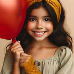 Young Hispanic Girl with Mustard-Colored Headband Holding Vibrant Red Balloon