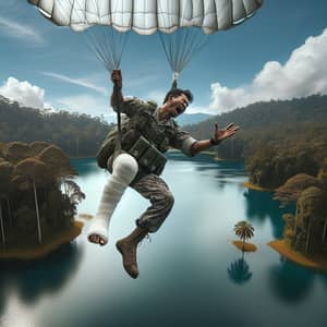 Injured Military Man Parachutes into Lake - Dramatic Scene