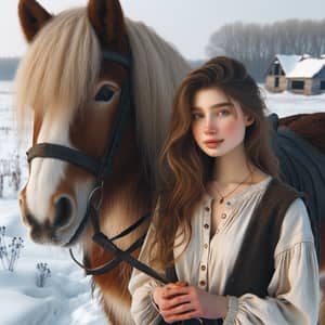 Young Slavic Woman with Adult Horse in Snowy Field