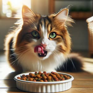 Adorable Domestic Short-Haired Cat Enjoying Meal | Green-Eyed Cutie
