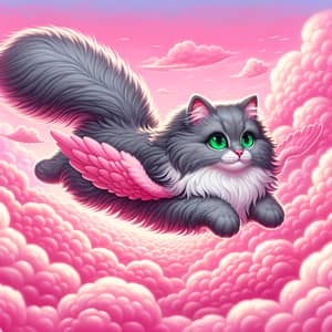 Flying Gray Cat in Pink Sky | Magical Flight Joy
