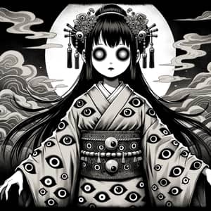 Eerie Japanese-Style Illustration of a Ghostly South Asian Girl