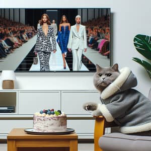 Modern Room with Stylish Cat Watching Fashion Show
