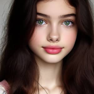 Pretty 15-Year-Old Girl with Black-Brown Hair and Green Eyes