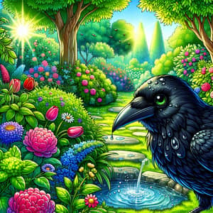 Lush Green Garden Scene with Crow and Colorful Flowers