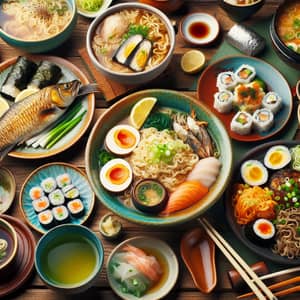 Colorful Asian Cuisine Spread on Wooden Table - Vibrant Meals