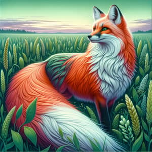 Vividly Colored Fox in Flourishing Green Field