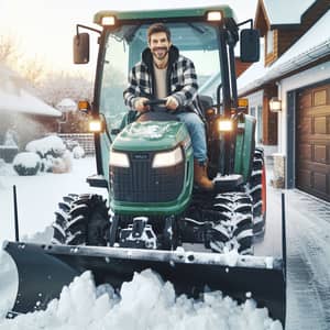Cheerful Man Operating Kubota Tractor with Snowplow for Driveway Plowing