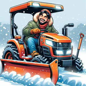 Cheerful Man Operating Kubota Snowplow Tractor Cartoon
