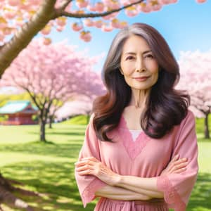 Hitomi Tanaka: Asian Woman in Pink Dress under Cherry Blossom Trees