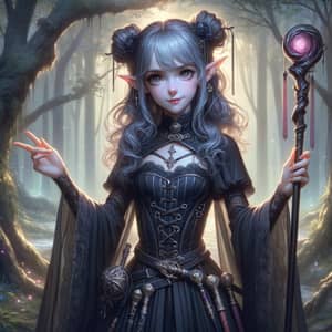 Young Tiefling Sorceress in Gothic Black Dress | Dark Fantasy Art
