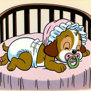 Cute Newborn Puppy Sleeping in Crib - Classic Animation Character Vibe
