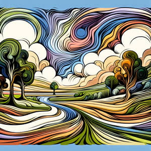 Surreal Nature Illustration with Rolling Hills and Dream-Like Clouds