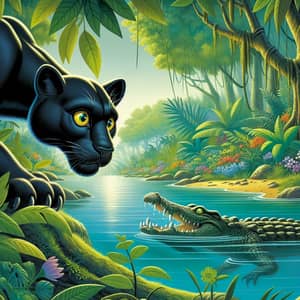 Brave Black Panther Shadow Encounters Massive Crocodile in Vibrant Jungle