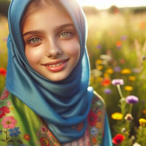 Vibrant Blue Hijab in Sunny Meadow - Middle-Eastern Girl