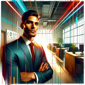 Professional Diverse Man in Modern Office Space - Vibrant Colors & Technology-inspired Scene