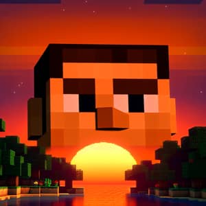 Classic Block Video Game Sunset with Villager's Face