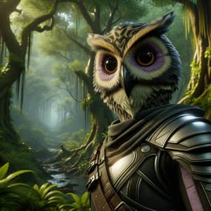 Owl-Man in Light Black and Purple Armor | Forest Scene