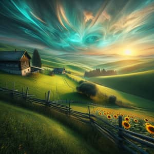 Tranquil Countryside Scene: Green Hills, Farmhouse, Sunflowers