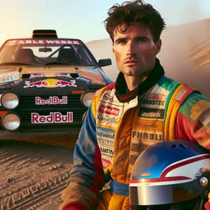 1990s Rally Car Driver | Colorful Racing Suit & Dust-covered Rally Car