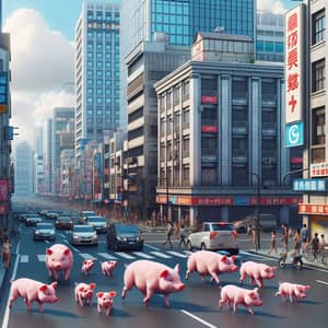 Vibrant City Scene with Animated Pink Pigs | Urban Exploration