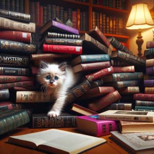 Humorous Turkish Van Kitten Bookshelf Adventure