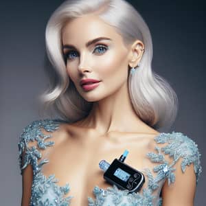 Elegant Woman with Platinum Blonde Hair and Minimed 780G Insulin Pump