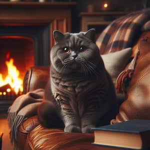 Cozy British Shorthair Cat in Blue-Grey Relaxing by Fireplace