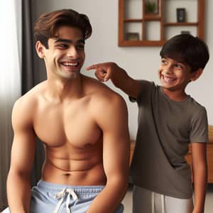 South Asian Young Man in Playful Scene with Brother