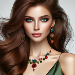 Elegant Young Woman with Bright Green Eyes and Luxurious Chestnut Hair