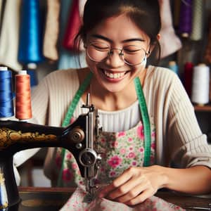 Joyful East Asian Woman Sewing on Antique Machine