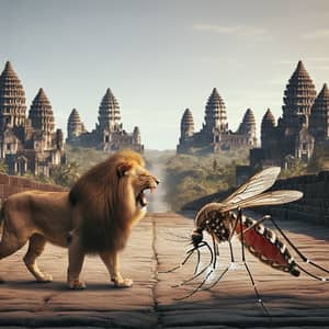 7 Wonders of the World Panorama with Lion and Mosquito Battle
