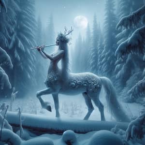 Majestic Female Centaur Playing Flute in Snowy Forest
