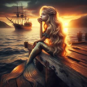 Melancholic Mermaid Watching Ship at Sunset