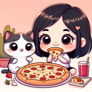 Adorable Child Eating Pizza with Cute Cat - Cartoon Illustration