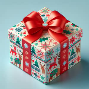 Festive Holiday Gift Box with Colorful Snowflakes & Reindeers