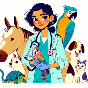 Young Hispanic Veterinarian with Macaw, Cow, Horse, Dog, Cat, and Turtle