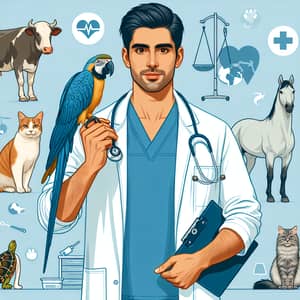 Young Hispanic Veterinary Doctor with Diverse Animals