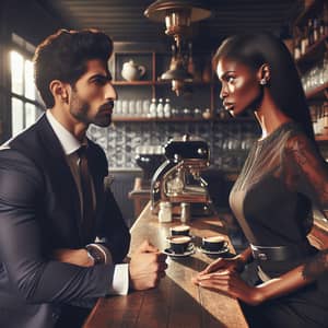 Stylish Debate at Cafe: Middle-Eastern Man vs Elegant Black Woman