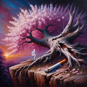 Cherry Blossom Landscape Painting | Ominous Trunk & Forgotten Cigarette
