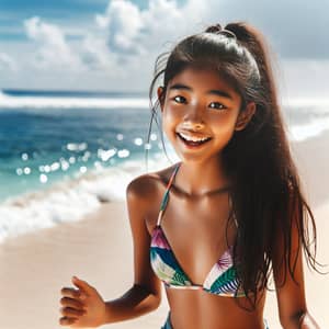 Summer Fun: South Asian Teenager Girl in Colorful Bikini at Beach