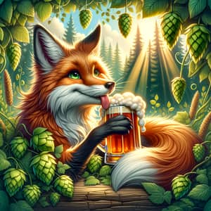 Majestic Fox Enjoying Beer in Vibrant Forest Scene