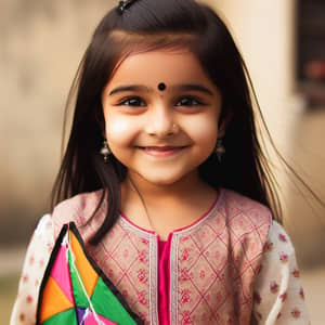 Young Indian Girl in Traditional Attire Flying Colorful Kite