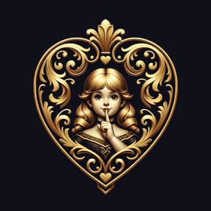 Heart-shaped Gold Coat of Arms | Intricate Emblem with Girl in Playful Pose