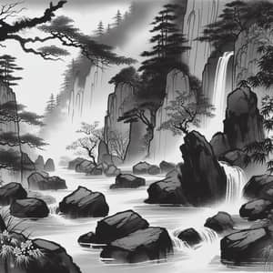 Japanese Sumi-e Zen Art Waterfall Illustration